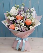 Букет цветов из:  Лизиантусы, Розы, Альстромерии и Гипсофила в Котово Новгородская область
