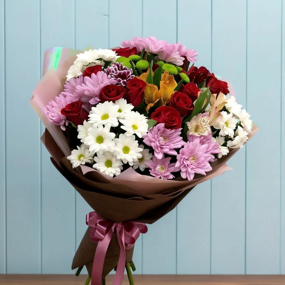 Букет цветов из: Розы, Хризантемы и Альстромерии в Котово Новгородская область